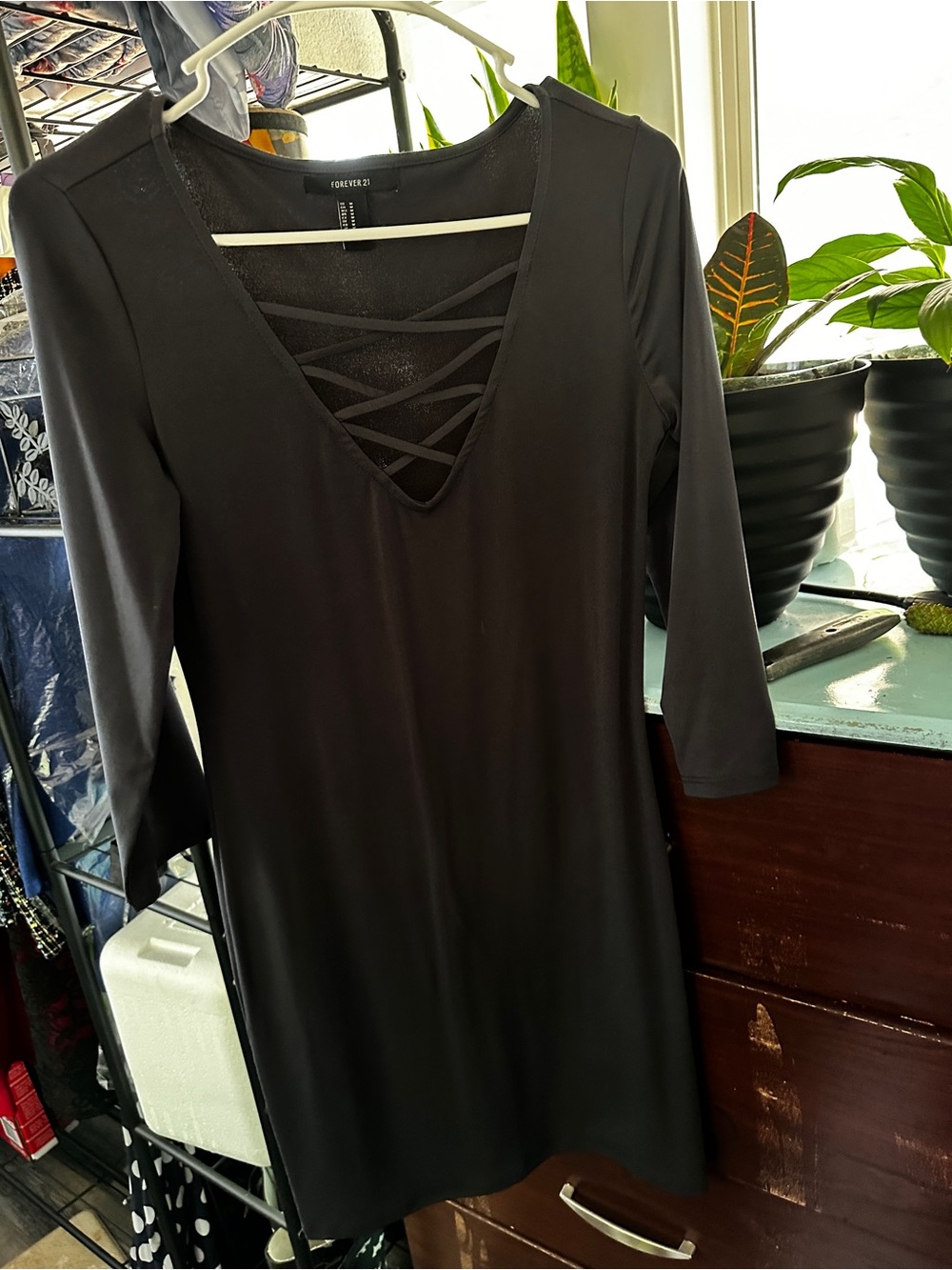 Forever 21 Black Crisscross V-Neck Mini Dress with Three-Quarter Sleeves